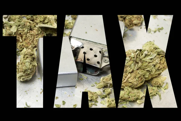 Steuer Schriftzug Auf Schwarzem Hintergrund Mit Marihuana — Stockfoto