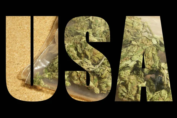 Usa Skrift Svart Bakgrunn Med Marijuana – stockfoto