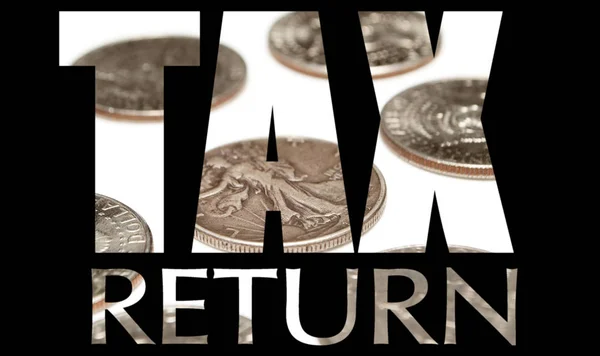 Tax Return Inscription Coins Black Background — Stock Photo, Image