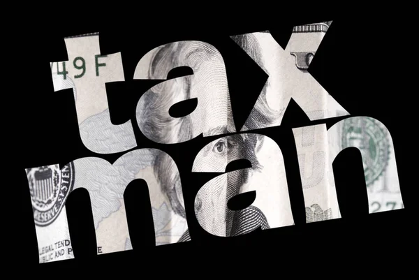 Taxman Inscriptie Met Dollar Textuur Binnen Zwarte Achtergrond — Stockfoto