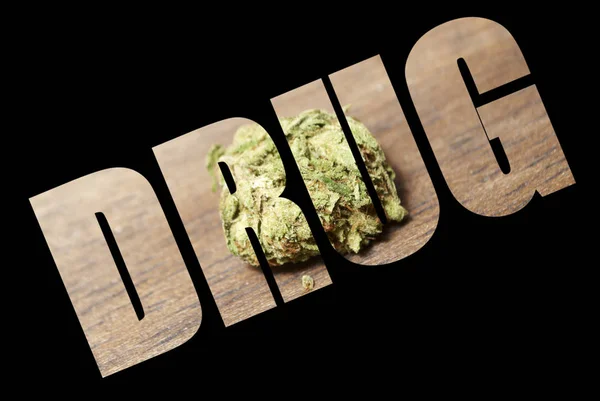Drug Inscriptie Met Marihuana Binnen Zwarte Achtergrond — Stockfoto