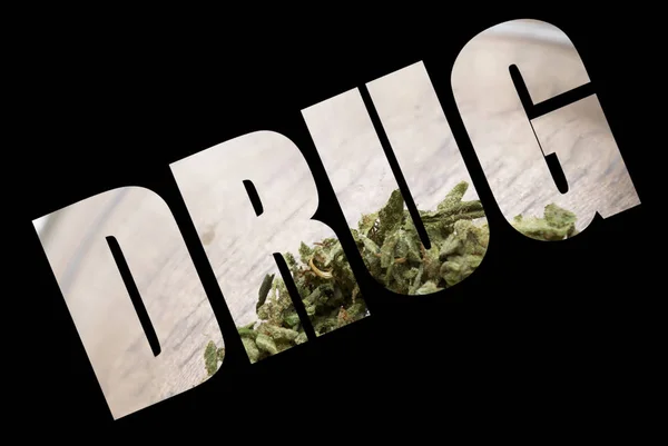 Drug Inscriptie Met Marihuana Binnen Zwarte Achtergrond — Stockfoto