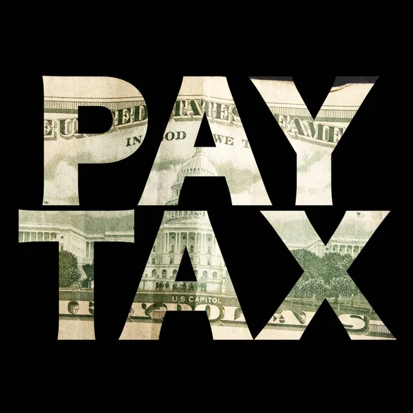 Pagar Texto Impuestos Negro Con Dinero Dólares — Foto de Stock