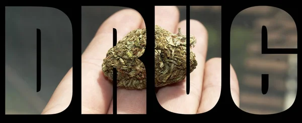 Affiche Conceptuelle Avec Texte Drogue Sur Fond Marijuana — Photo