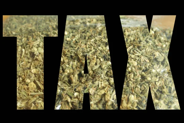 Tax Lettering Fundo Preto Com Maconha — Fotografia de Stock