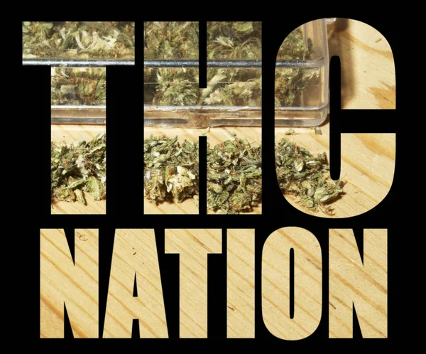 Lettrage Nation Thc Sur Fond Noir Avec Marijuana — Photo