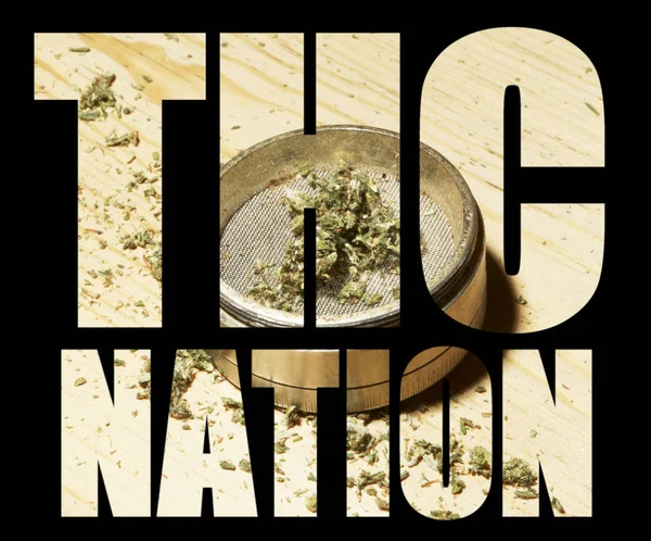 Lettrage Nation Thc Sur Fond Noir Avec Marijuana — Photo