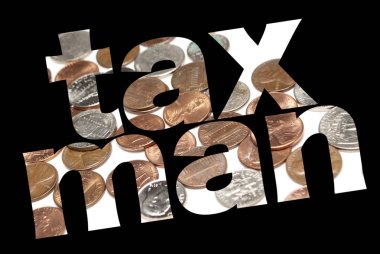 Taxman inscription with coins inside on black background clipart