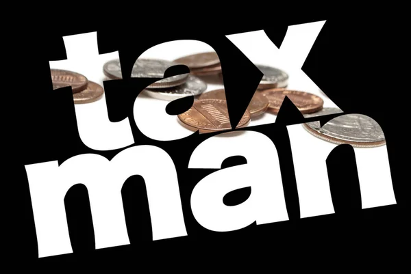 Taxman Inscrição Com Moedas Interior Fundo Preto — Fotografia de Stock