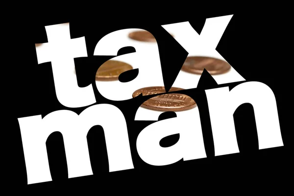 Taxman Inscrição Com Moedas Interior Fundo Preto — Fotografia de Stock