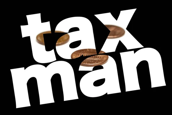Taxman Inskription Med Mynt Inuti Svart Bakgrund — Stockfoto
