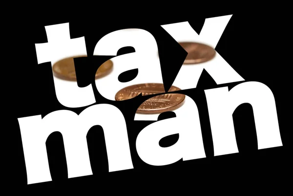 Taxman Inscrição Com Moedas Interior Fundo Preto — Fotografia de Stock