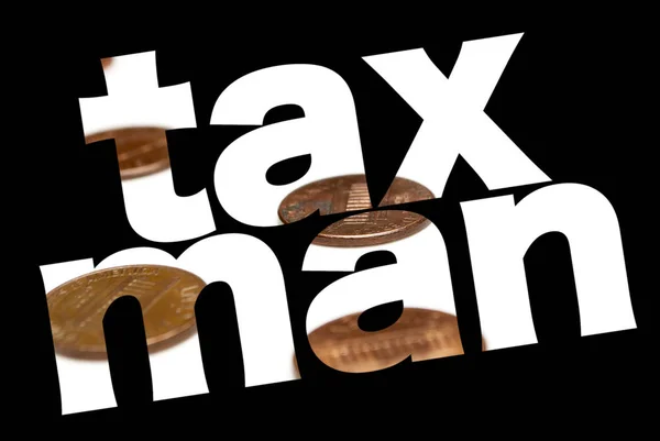 Taxman Inscrição Com Moedas Interior Fundo Preto — Fotografia de Stock