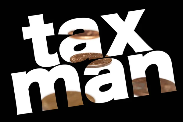 Taxman Inscrição Com Moedas Interior Fundo Preto — Fotografia de Stock