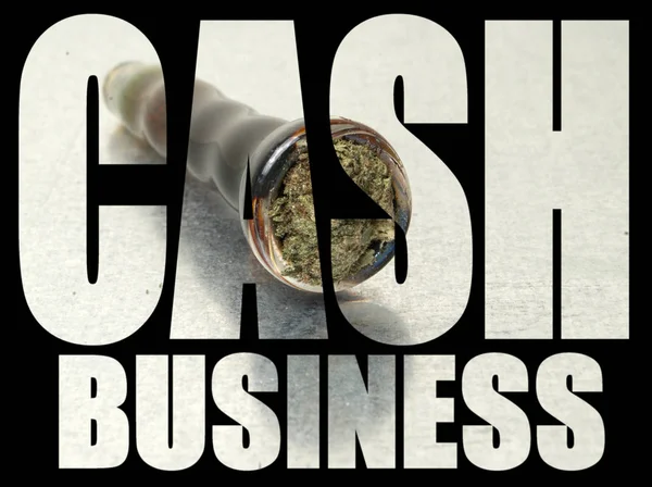 Cash Business Inscriptie Met Marihuana Binnen Zwarte Achtergrond — Stockfoto