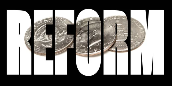 Reform Inscription Black Background Silver Coins — Stock Photo, Image