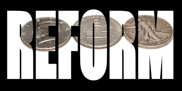 Reform Inscription Black Background Silver Coins — Stock Photo, Image