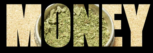 Money Inscription Marijuana Black Background — Stock Photo, Image