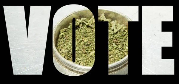Hlasovací Nápis Marihuanou Uvnitř Černém Pozadí Koncept Legalizované — Stock fotografie