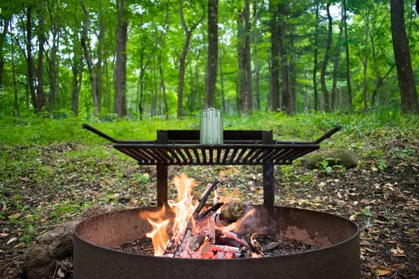Camping Concept Cooking Food Bonfire Green Forest — ストック写真