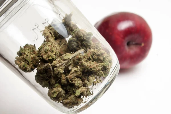 Marijuana Glass Jar Red Ripe Apple Drug Addiction Concept Medical — Stock Photo, Image