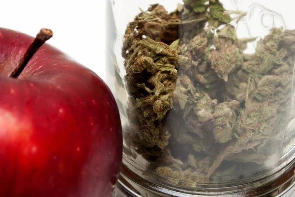 Marijuana Glass Jar Red Ripe Apple Drug Addiction Concept Medical — Stock Photo, Image