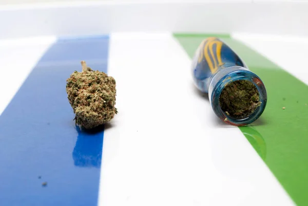 Dried Marijuana Blue Smoking Pipe Colorful Striped Background Drug Addiction — Stock Photo, Image