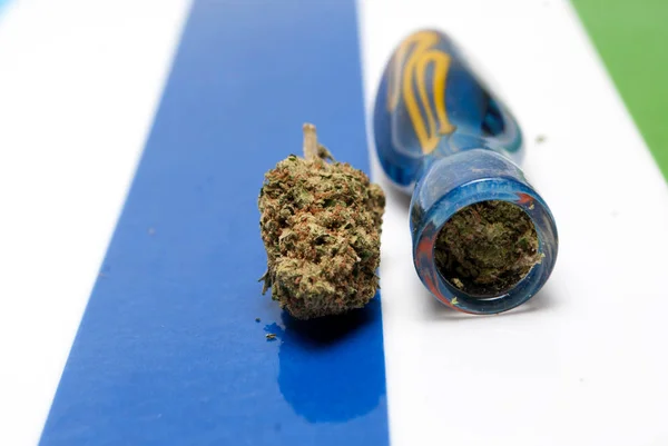 Dried Marijuana Blue Smoking Pipe Colorful Striped Background Drug Addiction — Stock Photo, Image