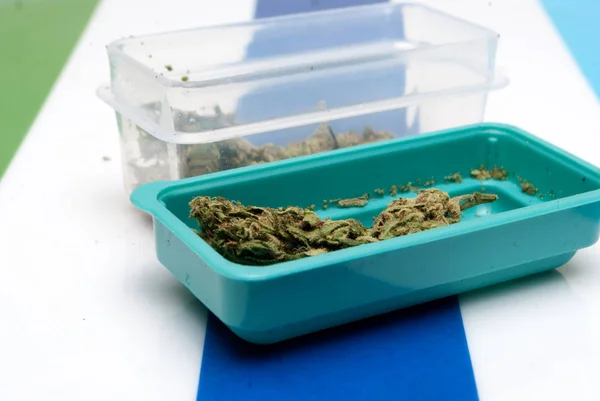 Marijuana Plastic Containers Drug Addiction Concept Medical Marijuana Concept — Stock Photo, Image