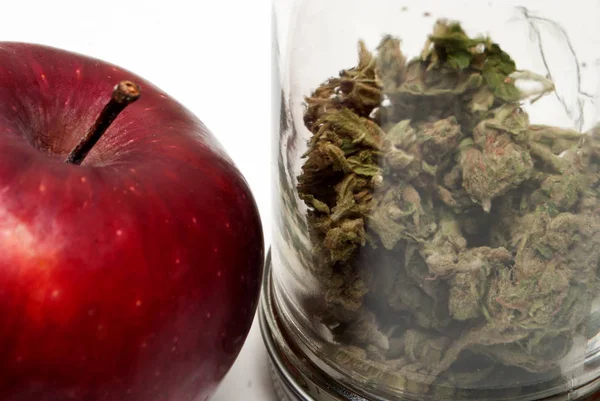 Marijuana Glass Jar Red Ripe Apple Drug Addiction Concept Medical — Stock Photo, Image