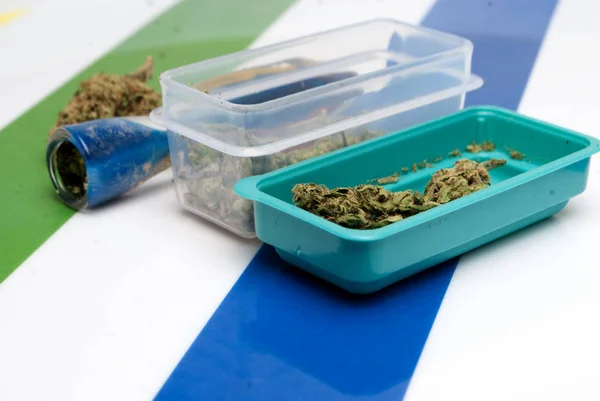 Marijuana Plastic Container Smoking Pipe Drug Addiction Concept Medical Marijuana — Stock Photo, Image