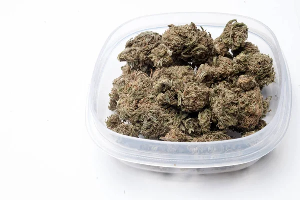 Getrocknetes Marihuana Plastikbehältern Drogenabhängigkeit Medizinisches Marihuana Konzept — Stockfoto