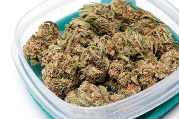 Close Beeld Van Marihuana Plastic Container Drugsverslaving Concept Medisch Marihuana — Stockfoto