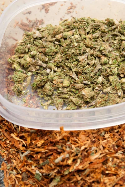 Close Weergave Van Gedroogde Marihuana Plastic Container Drugsverslaving Concept Medisch — Stockfoto