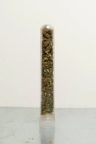 Close View Dried Marijuana Plastic Tube Концепция Наркомании Концепция Медицинской — стоковое фото