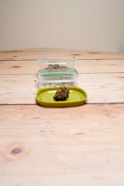 Close View Dried Marijuana Plastic Containers Drug Addiction Concept Medical — Stock Photo, Image