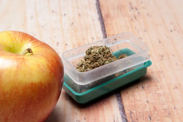 Dried Marijuana Plastic Container Apple Drug Addiction Concept Medical Marijuana — Stock Photo, Image