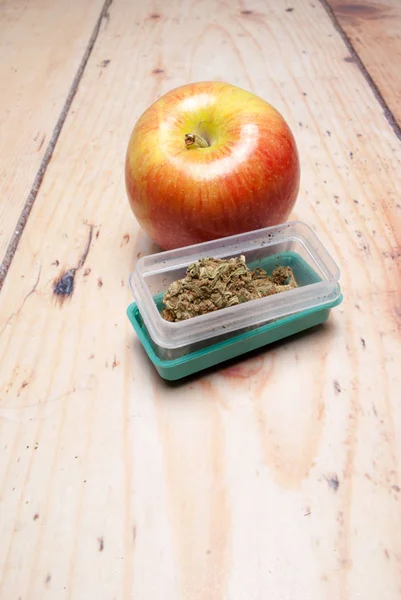 Dried Marijuana Plastic Container Apple Drug Addiction Concept Medical Marijuana — Stock Photo, Image