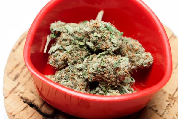 Dried Marijuana Red Bowl Handle Cork Board Drug Addiction Concept — Stock Photo, Image