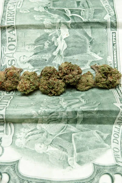 Marihuana Brotes Cannabis Mesa Madera Con Dinero —  Fotos de Stock