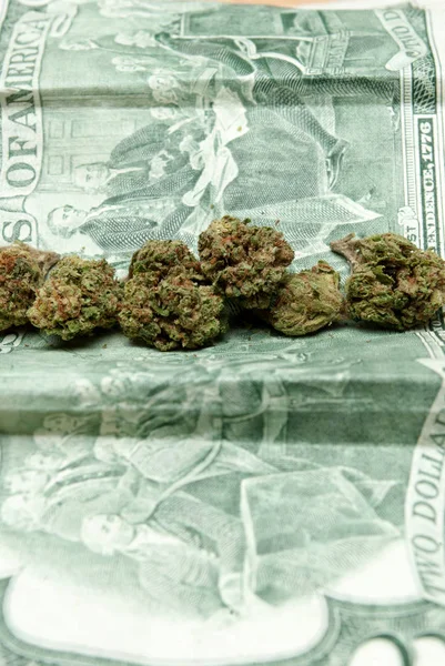 Marihuana Brotes Cannabis Mesa Madera Con Dinero —  Fotos de Stock