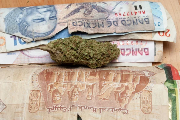 Marihuana Pąki Konopi Drewnianym Stole Pieniędzmi Lub Banknotami Całego Świata — Zdjęcie stockowe