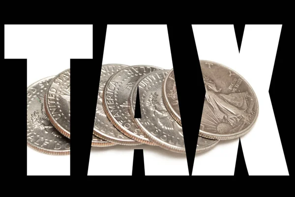 Steuerinschrift Mit Münzen Innen Auf Schwarzem Hintergrund — Stockfoto