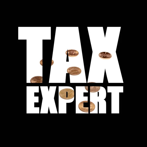 Tax Expert Inscription Coins Black Background — Stock Photo, Image