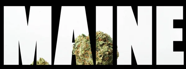 Maine Inskription Med Marijuana Inuti Svart Bakgrund — Stockfoto