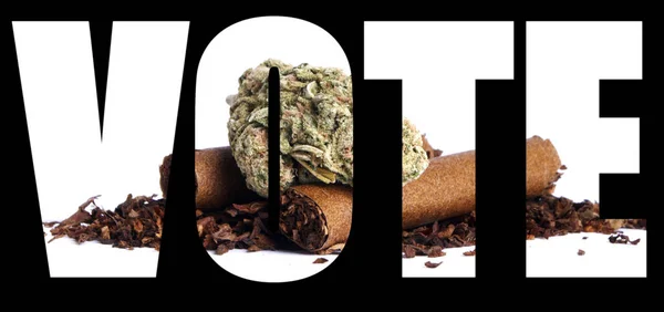 Hlasovací Nápis Marihuanou Uvnitř Černém Pozadí — Stock fotografie