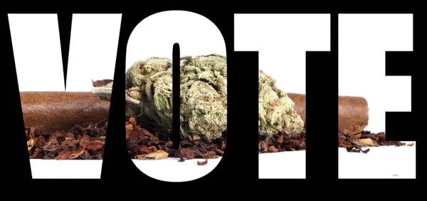 Voto Inscripción Con Marihuana Interior Sobre Fondo Negro — Foto de Stock