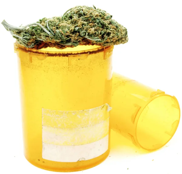 Dried Marijuana Yellow Plastic Bottle Drug Addiction Concept Medical Marijuana — Stock Photo, Image