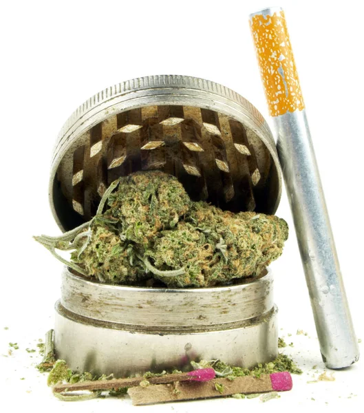 Marijuana Com Garrafa Ainda Vida Isolada Fundo Branco — Fotografia de Stock