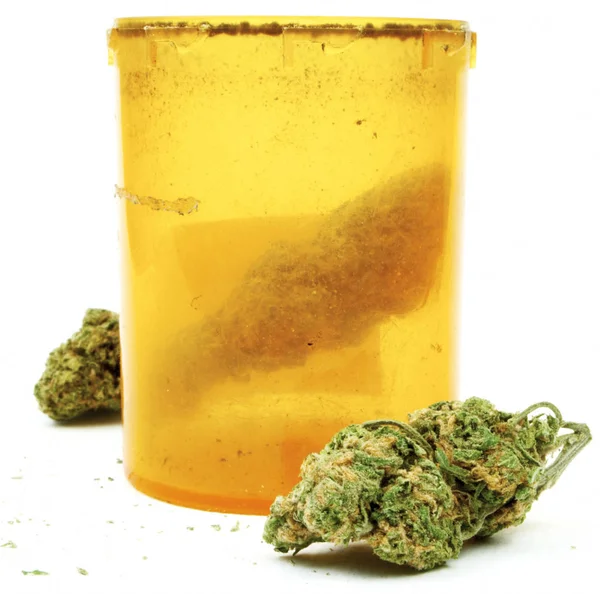 Getrocknetes Marihuana Und Gelbe Plastikflasche Drogenabhängigkeit Medizinisches Marihuana Konzept — Stockfoto